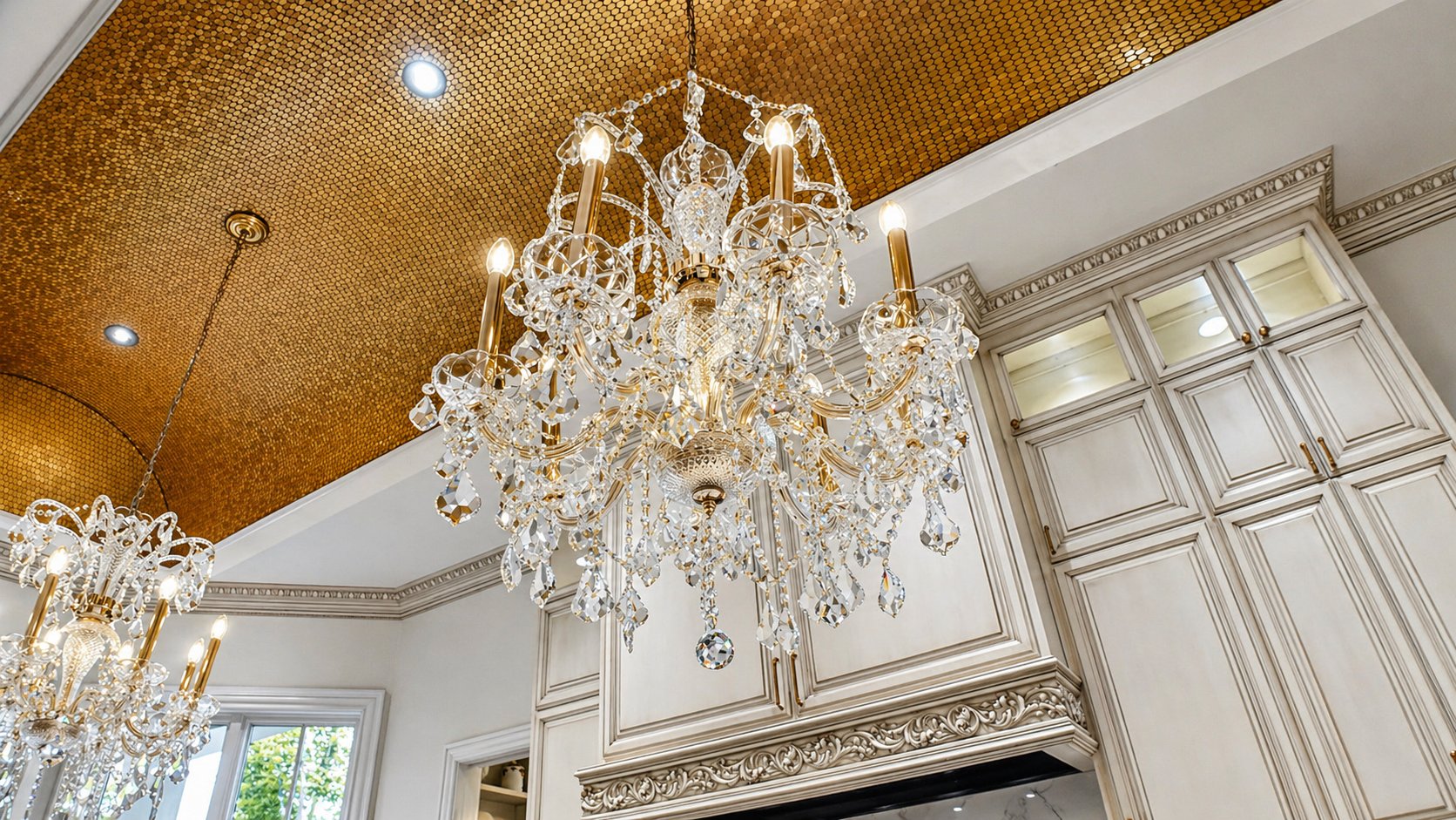 Gold mosaic vaulted ceiling above the chef's kitchen with twin crystal chandeliers