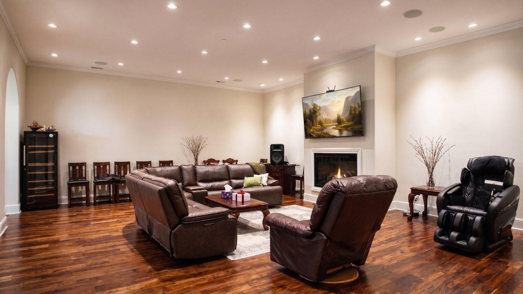 Lower-level family room with leather sectional, gas fireplace, and walnut floors
