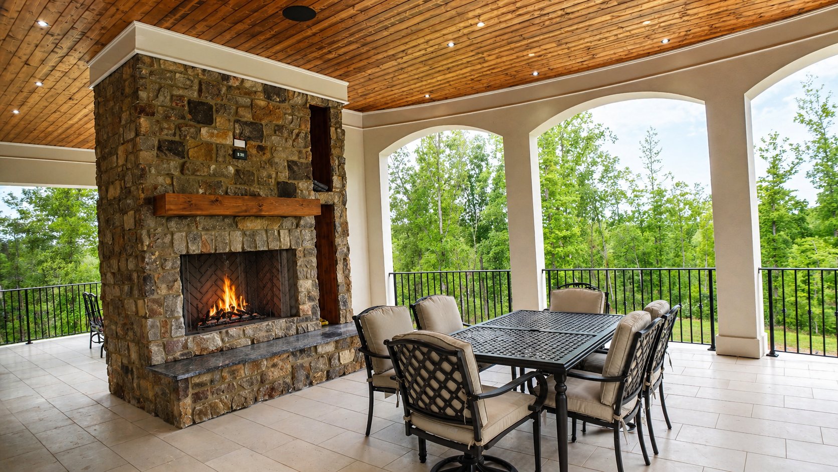 Covered outdoor entertaining space with stone fireplace and arched colonnade
