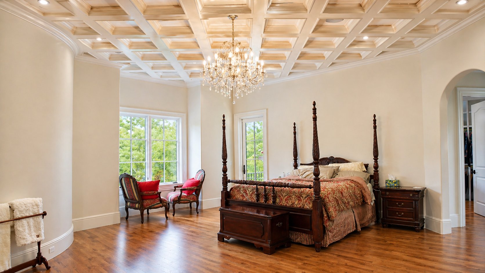 Primary bedroom with coffered wood ceiling, crystal chandelier, and curved wall of windows